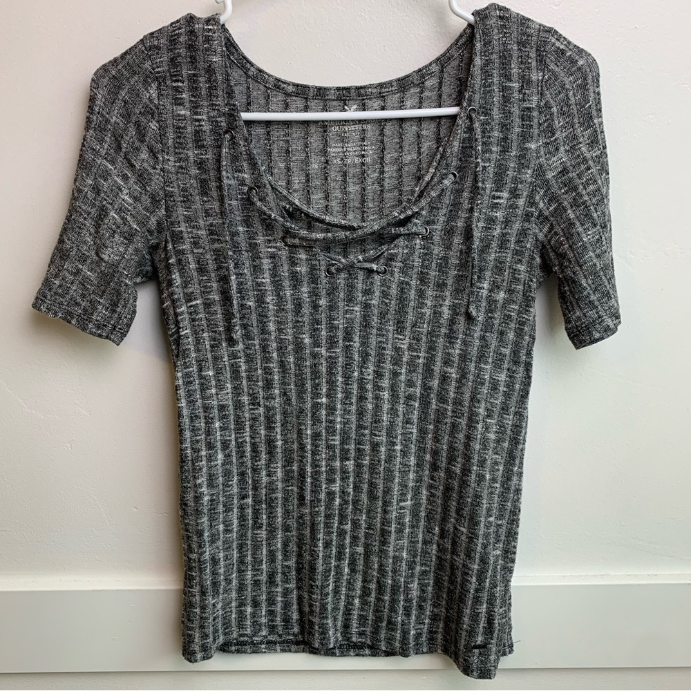 American Eagle Gray Ribbed Short Sleeve Lace Up Blouse - Picture 2 of 7